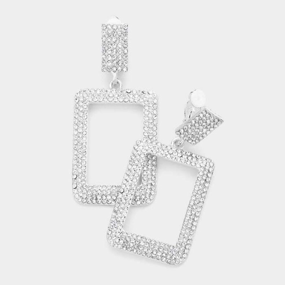 Clear Rhinestone Open Rectangle Silver Evening Clip on Earrings NWT